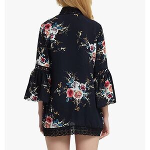 Basic Faith Women's Large Navy Floral Print Kimono Tops Cover Up Cardigans NWT